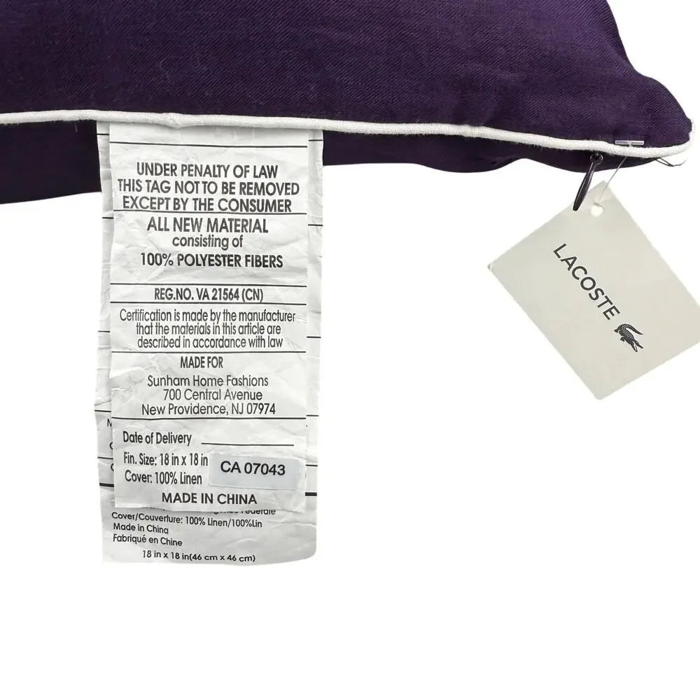 NWT LACOSTE Miami 100% Linen Decorative Pillow 18